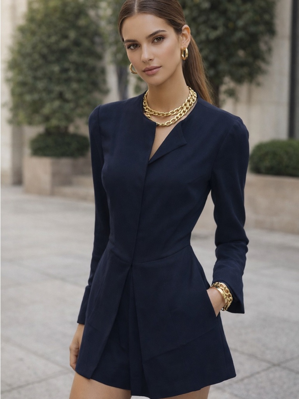 Trafaluc Navy Tailored Long-Sleeve Romper